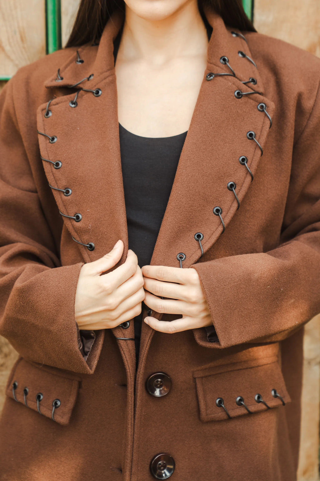 Baloska western style brown wool jacket with lace-up detail