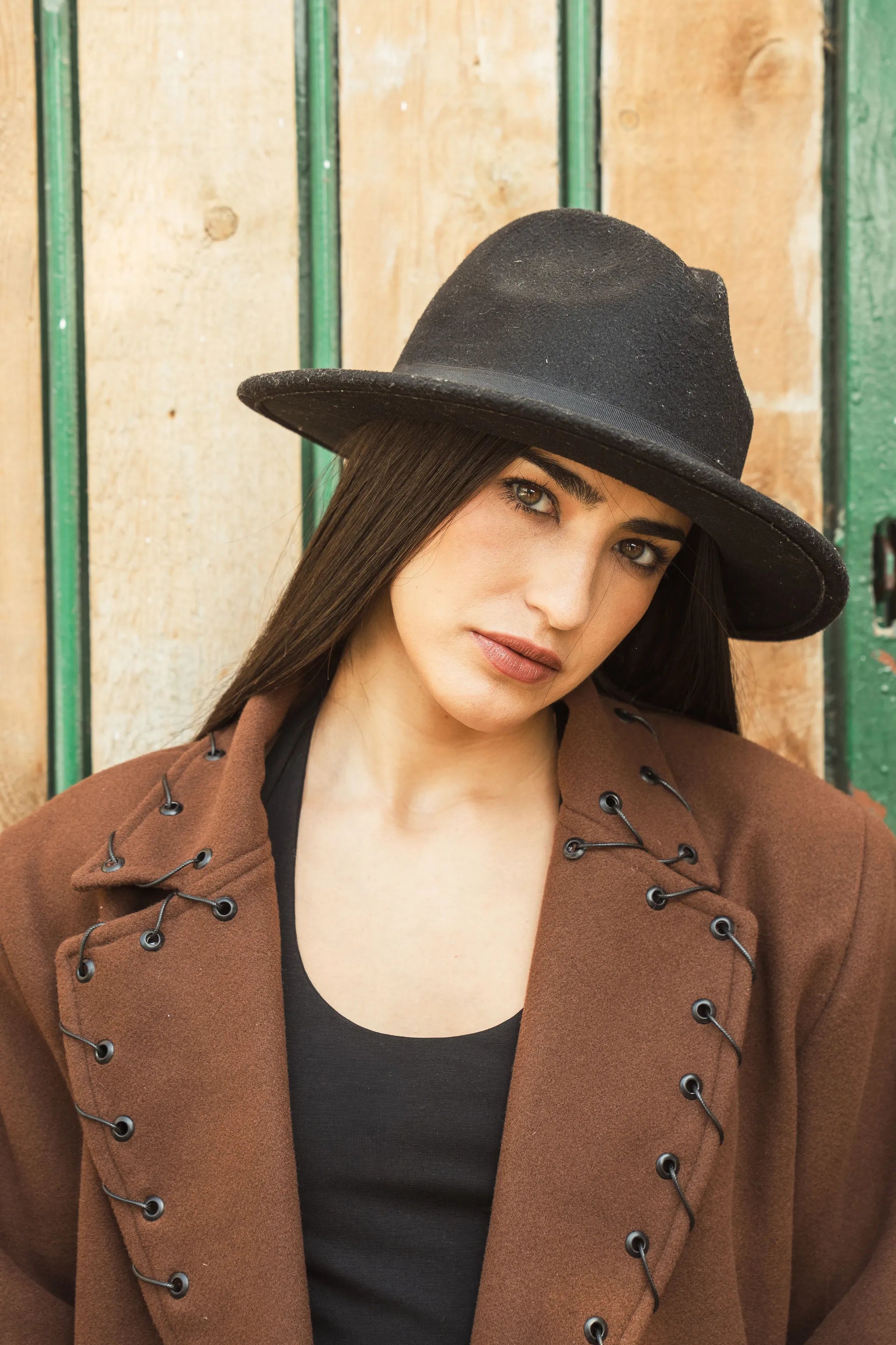 Baloska western style brown wool jacket with lace-up detail