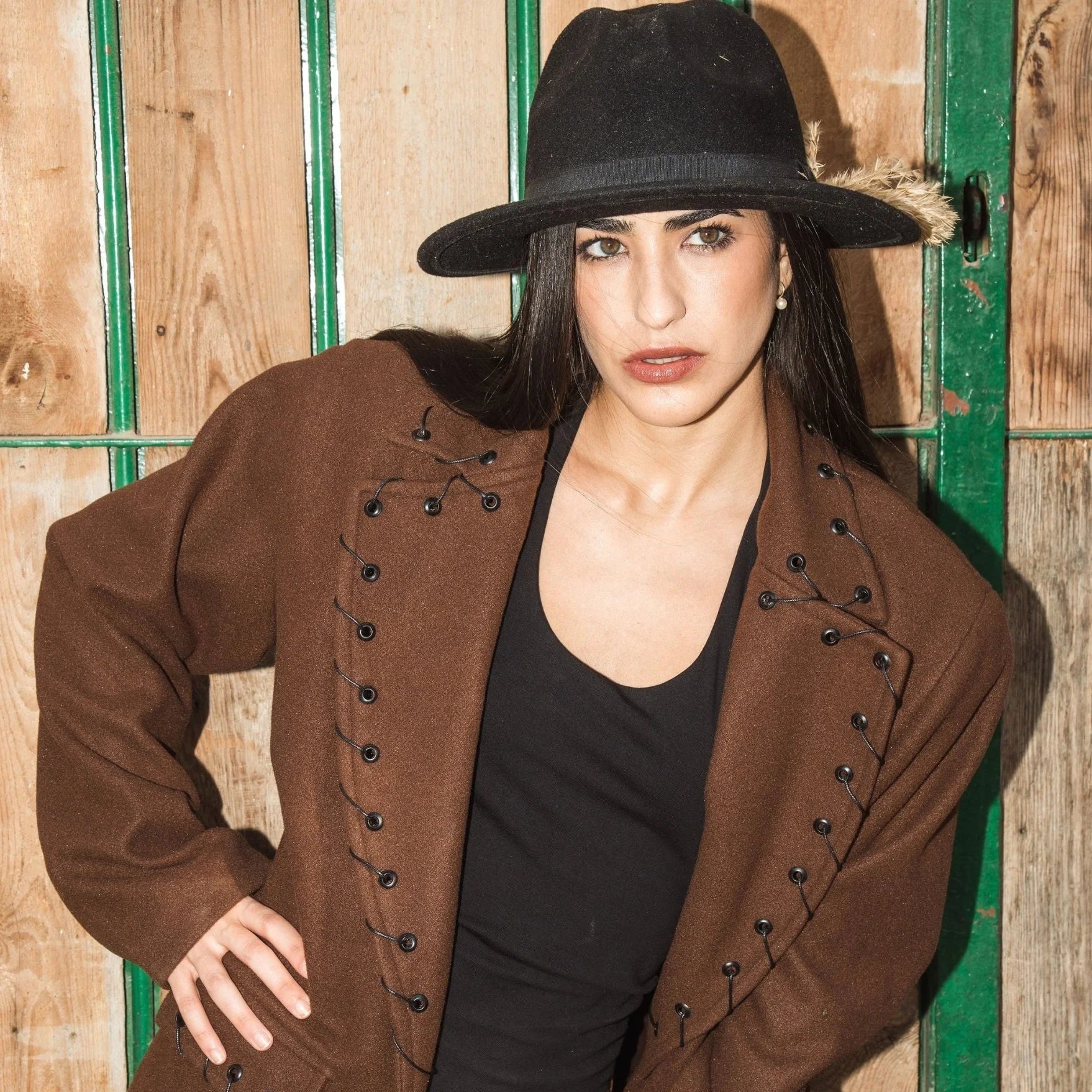 Baloska brown western wool coat with black lace-up lapel detail