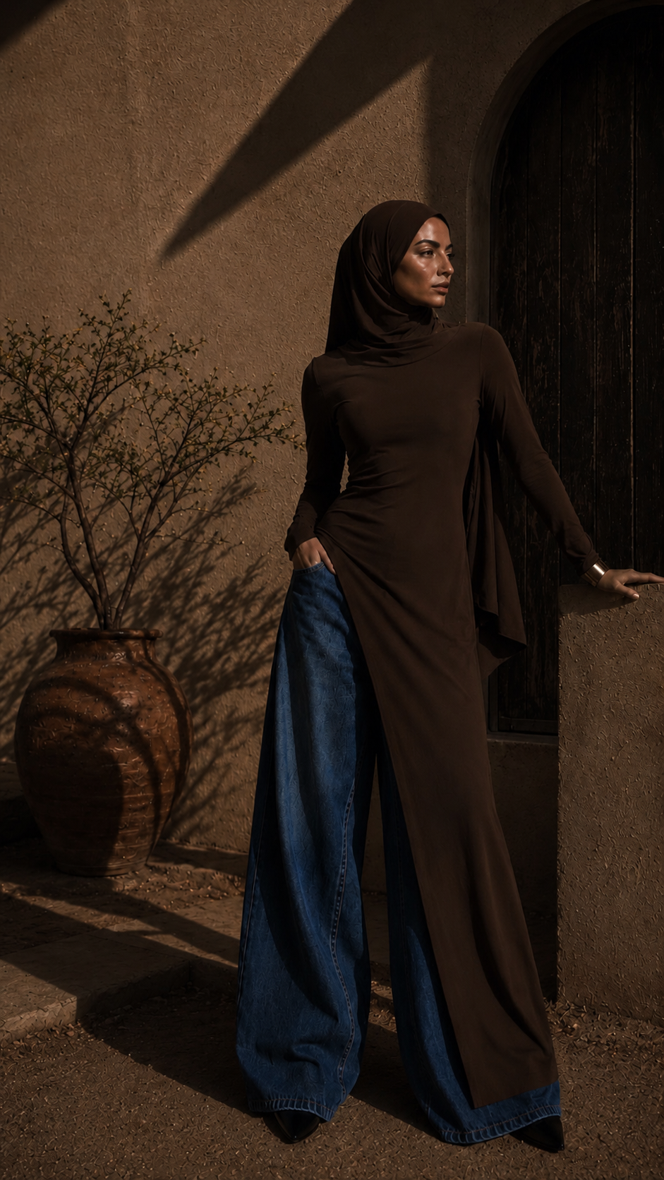A woman wearing a dark brown long-sleeve hijabi dress with wide-leg blue jeans styled underneath, standing in front of a rustic brown stucco wall with a potted plant.