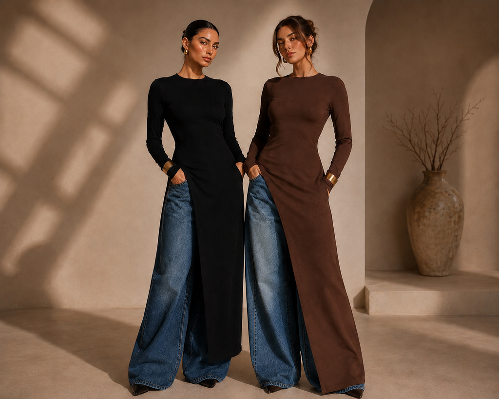 Two women modeling long-sleeve maxi dresses with wide-leg denim jeans, standing in a warm-toned studio setting with architectural shadows and a large vase in the background.