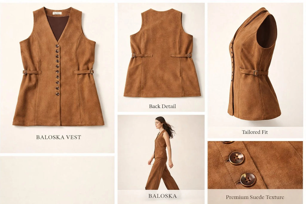Brown suede vest with multiple views and details on a white background